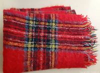 Close-up of the fringed edge showing Royal Stewart tartan woven pattern in reds, yellows, greens, and blues.