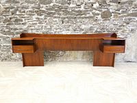 Full front view of walnut headboard with both floating nightstands attached.