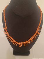 Natural stick coral necklace displayed on black jewelry stand showing overall length and detailed view of stick coral pieces