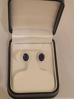 Pair of sterling silver earrings with oval blue crystals and clear surrounding crystals in jewelry box.