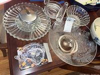 Glass chip and pewter dip tray, etched glass large bowl, small fish-shaped chip and dip bowl with floral tray.
