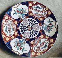 Front view of the round decorative porcelain plate showing intricate floral patterns in multiple panels.