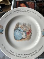 Plate showing the detailed illustration of Mrs. Rabbit with Peter Rabbit in the center and text from the story around the inner rim.
