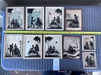 Image displaying all 10 silhouette prints arranged on a blue surface, showing their size and framing.