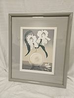Front view of retro style 'Crystal Iris' print showing stylized iris flowers in a round vase within a grey wooden frame.