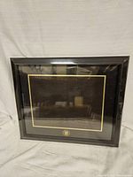 Full view of the black and gold certificate frame with mounted mat and insignia.