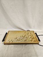 Front view of Rival electric hot server showing wheat pattern and wooden handles