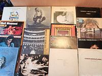 Photo shows mostly top view of 16 classic rock vinyl albums arranged side by side. Album cover artwork and titles are visible. Artists include George Thorogood, Emerson Lake and Palmer, Peter Paul and Mary, Neil Diamond, Steppenwolf and more.