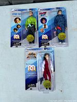 Three Mego 8 inch action figures new on card: Capt. Kirk, Chachi, Sabrina Duncan