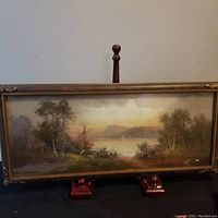 Framed antique pastel landscape drawing showing full artwork and frame.