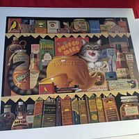 Full view of the 'Ethel the Gourmet' canvas print showing cat and packages