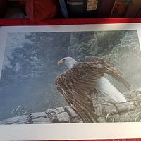 Overall view of the giclee print showing a bald eagle perched on a fallen totem pole in a detailed forest scene.