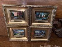 Four framed miniature paintings arranged in a group showing the seasonal scenes by J.P. Loup for Limoges. The paintings have gold-tone ornate frames and are labeled Fall, Winter, Spring, and Summer.