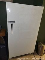 Closed white upright freezer with black vertical handle.
