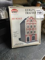 Front view of the Model Power Luigi's Trattoria sealed box showing the HO scale railroad building kit artwork and branding.