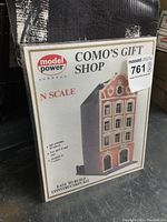 Front of the sealed box showing Model Power Como's Gift Shop building kit for N scale model railroads.