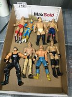 Top-down photo of 8 wrestling figures arranged in a box showing varied outfits and colors.