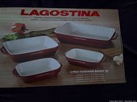 Photo of Lagostina 4-piece stoneware baking set box showing product image and details.
