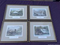 Five framed and matted vintage W.H. Barlett prints laid out on purple fabric background. Prints show diverse landscapes and a cityscape, all in black and gold frames with beige mats.