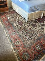 Photo of large Persian rug showing red floral border, medallion center, and wear with pet-related stains.