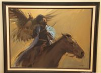 Framed painting showing Cossack playing violin on horseback with a bird in flight, artist Les Hawks signature visible.