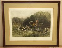 Large framed print titled "Short Cut to the Meet" by Haywood Hardy showing a huntsman on horseback with several hounds in a natural wooded setting.
