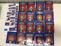 Overview of 20 Hallmark American Spirit Collection state quarter ornaments in original packaging, various designs visible.