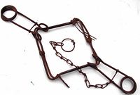 Rusty metal beaver trap flat on white background showing the circular spring jaws and chain.