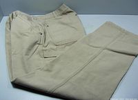 Folded tan carpenter pants on a plain background showing front and leg details with pockets and stitching