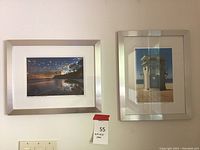 Two framed photographs: left is a Laguna Beach sunset with palm trees silhouette and ocean reflection; right is a beach lifeguard tower on sand.