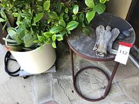 Side view showing the round metal side table with dark worn top, planter with green plant, bone-like sculpture, and stones on table