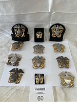 Twelve total U.S. Navy insignia badges arranged on white background showing variety including fabric backings and small black box mount.
