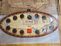 Photo showing all 13 coins and the Nestle medallion on a Canada map background under packaging labeled Millennium 1999.