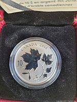 Close-up photo of the 2016 Canadian $10 fine silver maple leaf coin inside a protective plastic capsule, resting in a red velvet-lined box.