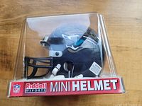 Side view of mini football helmet in plastic protective case with Panthers logo and colors.