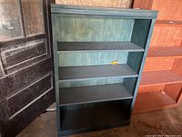 Front view of blue-green wooden bookcase with three shelves and bottom section.