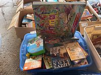 Blue plastic bin filled with children's books including 'My Giant Animals of the World', 'Lizzy's Lion', and other assorted titles.