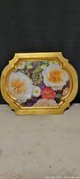 Full view of vintage tray showing gold frame and floral hand painted design