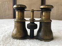 Front view of antique brass binoculars showing the lenses and central focusing knob.