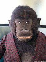 Close-up photo of the stuffed ape's face showing detailed fur, eyes and mouth.