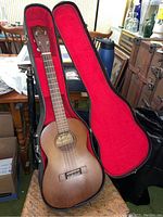 Baritone guitar seated in open hard shell case