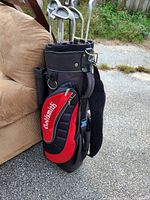 Full view of Golfsmith golf bag standing with assorted golf clubs inside.