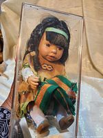 Native American baby doll in clear display case dressed in traditional attire with woven clothing and moccasin shoes.