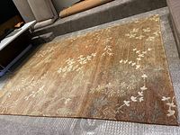 Photo showing the entire rug with botanical leaf and vine pattern on faded rust background, placed on carpeted floor.