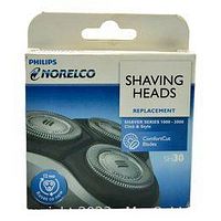 Box of Philips Norelco SH30 Replacement Shaving Heads for Series 1000-3000, showing front packaging with branding and compatibility.