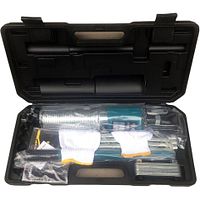 Top view of the hydraulic gear puller and accessories inside molded black plastic case, still wrapped in plastic. Case shows wear including cracked hinge and corner damage.