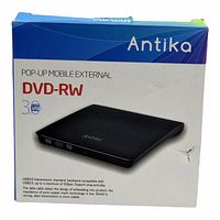 Front of the retail box showing the Antika Pop-up Mobile External DVD-RW 3.0 USB with product image and features.
