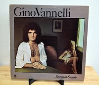 Front cover of Gino Vannelli Storm At Sunup vinyl album showing artist and title with photo of seated man and woman.