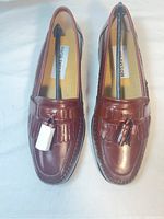 Pair of men's brown leather tassel loafers by David Taylor, side and top views showing shoe shape and leather finish.