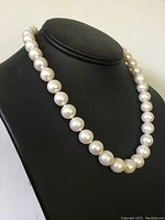 Full side view of pearl necklace draped on black display bust